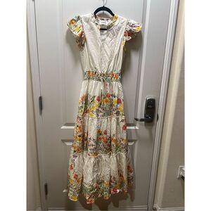 Yumi Kim Floral Tiered Ruffle Organic Cotton Maxi Dress size S Wine Tasting